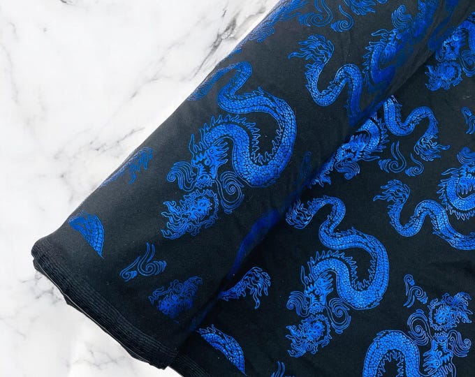 Black Royal Blue Dragon Printed Spandex Fabric By The Yard | Dragon Design Nylon Spandex Fabric 4 Way Stretch 60”