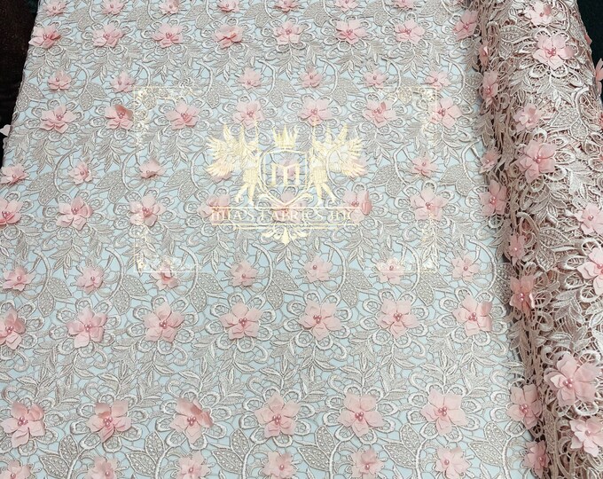 Mia Fabrics Inc, Blush Peach Guipure Lace Fabric 3D Floral-Flower With Pearl, Bridal Lace Guipure Wedding Dress by the Yard (Pick a Size)