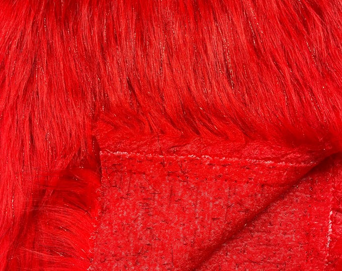Red Tinsel Shaggy Long Pile Faux Fur Fabric By The Yard, Luxury Shaggy With Metallic Tinsel Strands, Costume, Apparel, Decoration 60" Wide