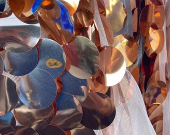 Rose Gold Big Sequin Fabric, 1.5” Paillette circle Sequin, Round Tear Drop Mermaid Sequins Fabric On 2 Way Stretch Mesh (Pick a Size)