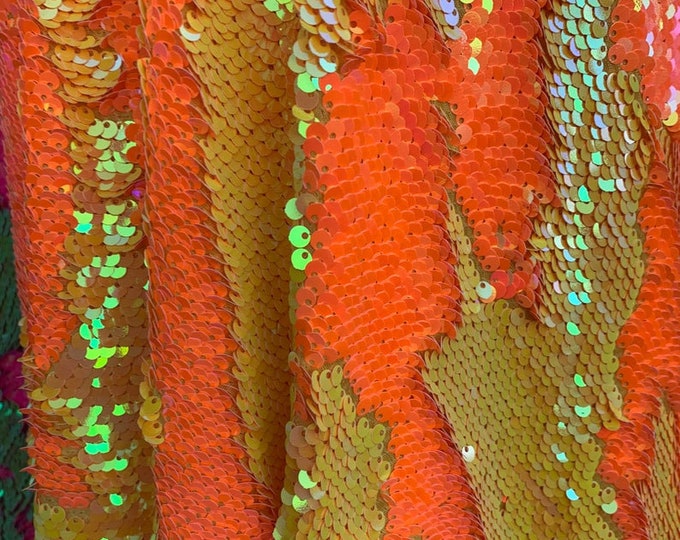 Iridescent Yellow/Orange Flip Up Sequins Reversible, 2-Way Stretch 58/60” Sequins Fabric Dresses-Nightgowns-Prom Gown (Choose The Quantity)