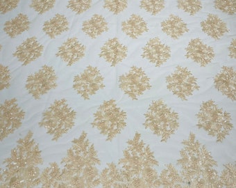 Peach Floral Embroidered Sequin Lace Fabric - Bridal Wedding Dress
