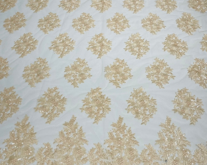 Peach Lace Fabric - by yard - Corded Flower Embroidery With Sequins on a Mesh Lace Fabric For Wedding-Bridal-Dress