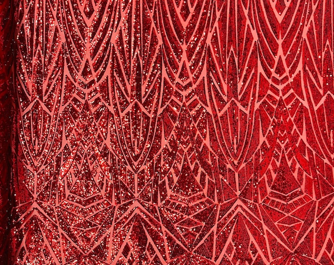Red Sequin Fabric by the yard on a Mesh 4 Way Stretch - Geometric Design Embroidery With Sequins (Pick a Size)