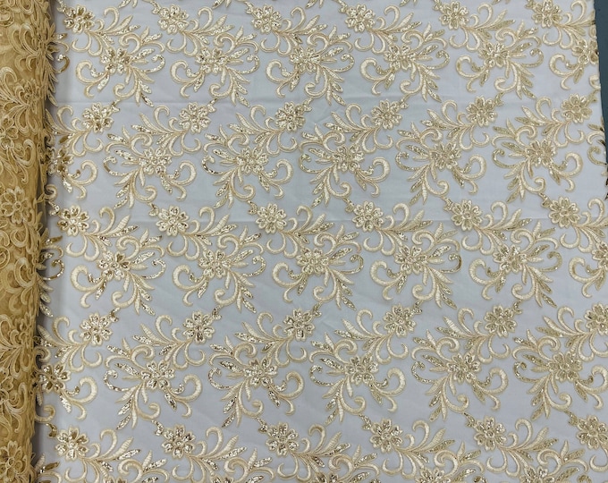 Champagne Floral Lace Fabric, by the yard - Embroidery With Sequins on a Mesh Lace Fabric For Gown, Wedding-Bridal