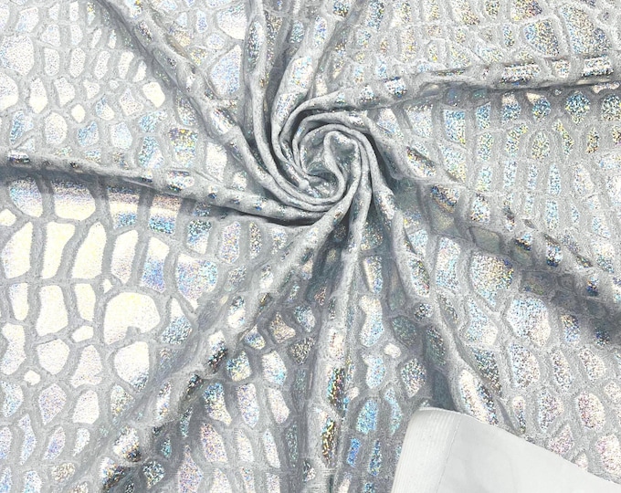 Giraffe Skin Print Pattern On White Stretch Velvet Fabric: Hologram Silver
