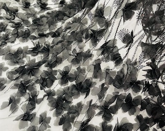 Black Beaded Fabric 3D Floral Butterfly Fabric By The Yard, Luxury 3D Butterfly Design Beads and Sequins Embroidered on a Mesh Lace Wedding