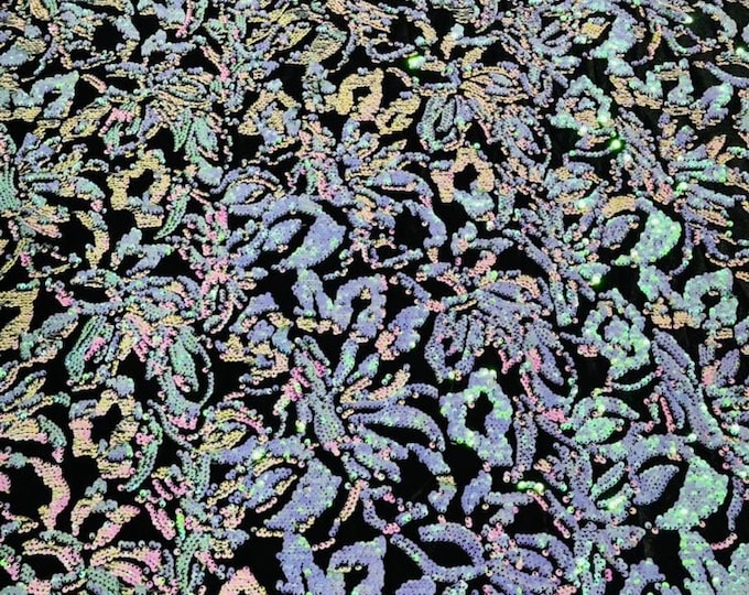 Iridescent Mint/Pink Sequins Flip Two Tone, Floral Design on Black Stretch Velvet By The Yard
