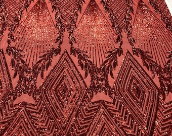 Red Sequin Fabric - Geometric Diamond 4-Way Stretch Mesh, By The Yard