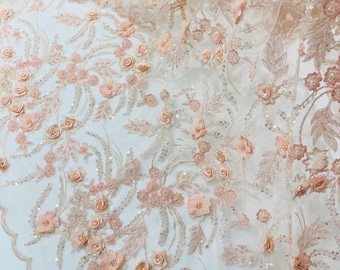 Peach 3D Floral Beaded Lace Fabric: Beaded Sequins on a Mesh, Apparel-Prom - By The Yard