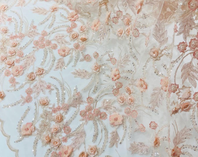 Peach 3D Floral Beaded Lace Fabric: Beaded Sequins on a Mesh, Apparel-Prom - By The Yard