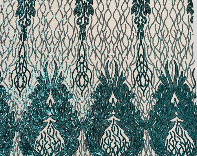 Teal Green Sequin Fabric on Nude Mesh - Damask Design 4 Way Stretch Iridescent Sequins Fabric (Pick a Size) by the yard
