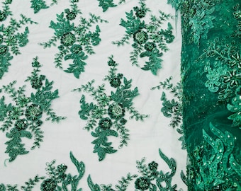 Hunter Green Flower Cluster Beaded Fabric | by yard | Green | Embroidered Beaded Layered Border Fabric, Lace Beaded