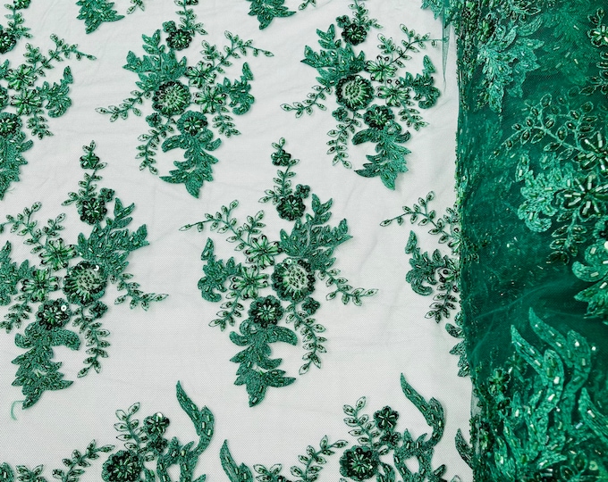 Hunter Green Flower Cluster Beaded Fabric | by yard | Green | Embroidered Beaded Layered Border Fabric, Lace Beaded