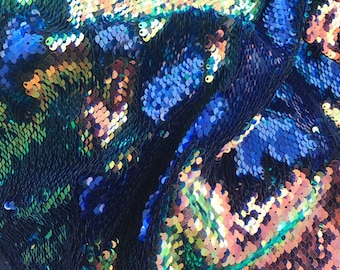 Iridescent Rainbow Sequins Fabric: 2-Way Stretch Reversible Mermaid Scales