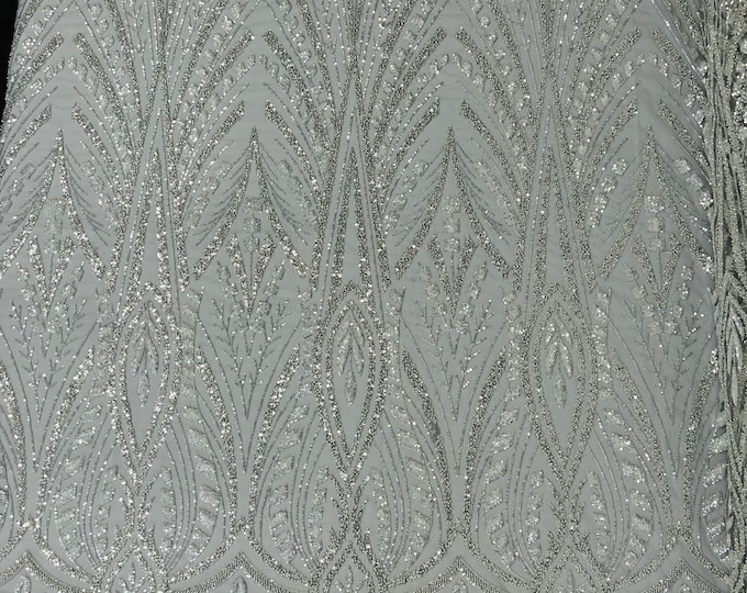 Silver Wedding Beaded Fabric Sold By The Yard - Embroidered Beaded Wedding Bridal Fabric