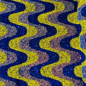 Stretch Velvet Sequins -  Yellow / Clear / Royal Blue Sequin on Stretch Velvet Fabric - Wavy Line Design with 5mm Sequins By Yard