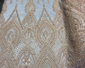 Peach Beaded Lace Fabric, Embroidered Mesh, Pearls, Bridal, Prom, By The Yard