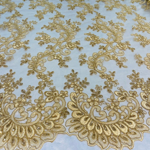 Gold Lace - Floral Lace Fabric, Embroidery With Sequins on a Mesh Lace Fabric By The Yard For Gown, Wedding-Bridal (Choose The Quantity)