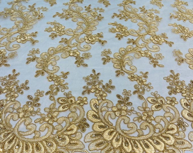 Gold Lace - Floral Lace Fabric, Embroidery With Sequins on a Mesh Lace Fabric By The Yard For Gown, Wedding-Bridal (Choose The Quantity)