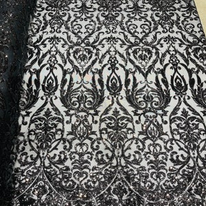 Black Sequin Damask Design on a 4 Way Stretch Sequin Fabric Spandex Mesh-Prom-Gown By The Yard