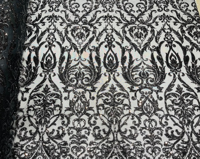 Black Sequin Damask Design on a 4 Way Stretch Sequin Fabric Spandex Mesh-Prom-Gown By The Yard