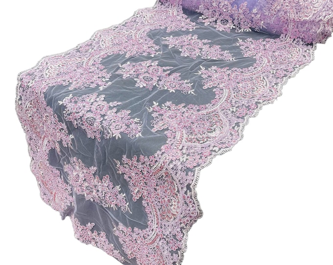 Lilac Floral Lace Fabric For Runner 21” Wide, by the yard - Embroidery With Sequins on a Mesh Lace Fabric For Applications Wedding