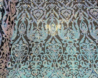 Iridescent Aqua Sequin Iridescent Fancy Damask Design on a 4 Way Stretch Mesh Fabric for Prom Gala Gown