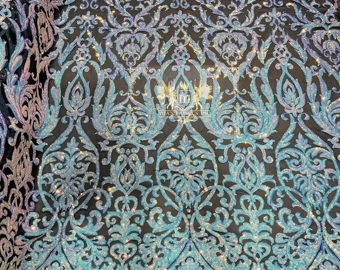 Iridescent Aqua Sequin Iridescent Fancy Damask Design on a 4 Way Stretch Mesh Fabric for Prom Gala Gown