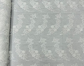 White Floral Sequined Lace Fabric: Corded Embroidery Mesh, Bridal Gown Fabric by the yard