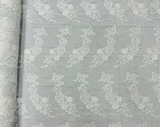 White Corded Floral Lace Fabric, by the yard - Embroidery With Sequins on a Mesh Lace Fabric For Gown, Wedding-Bridal
