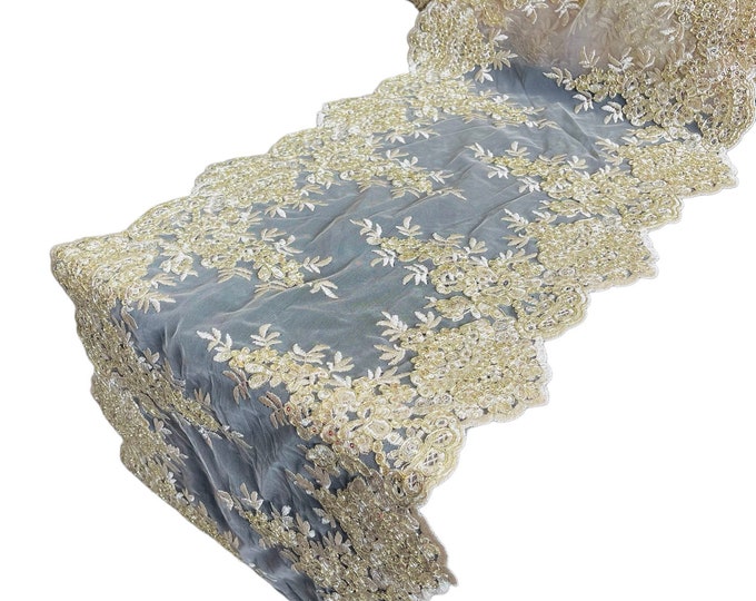 Metallic Champagne 14”Wide Floral Lace Fabric For Runner, by the yard - Embroidery With Sequins on a Mesh Lace Fabric For Applications