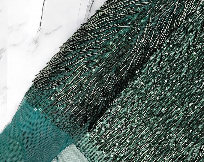 Hunter Green Gleam Beaded with Sequins Stretch Mesh Fabric By The Yard | Embroidery Beaded Sequins Fabric on a Mesh Prom,Gown