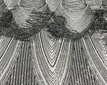 Black Fringe Sequins on Power Mesh, Fringe Design Embroidered on 4 Way Stretch Fancy Sequin ( Choose The Size )