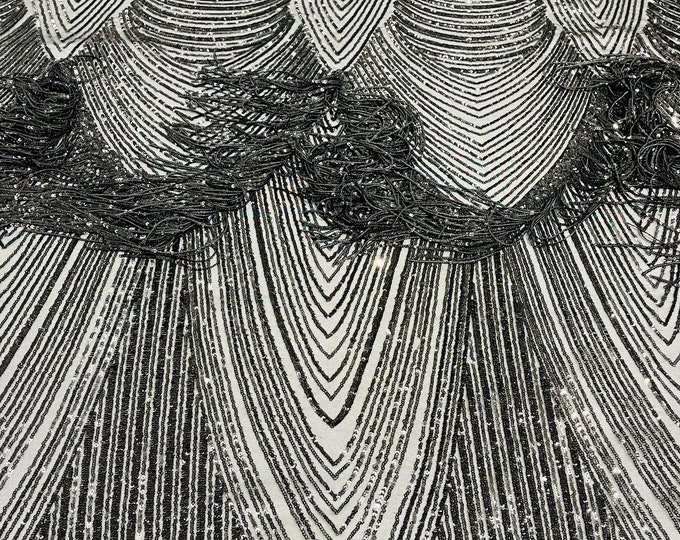 Black Fringe Sequins on Power Mesh, Fringe Design Embroidered on 4 Way Stretch Fancy Sequin ( Choose The Size )
