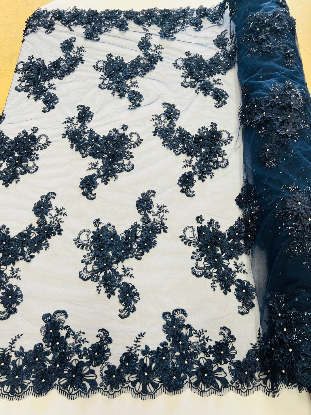 Navy 3D Floral Lace Fabric by the Yard, Flower Design Embroider With ...