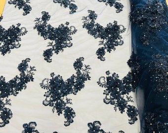 Navy 3D Floral Lace Fabric: Rhinestone Beaded Mesh, 52" Wide
