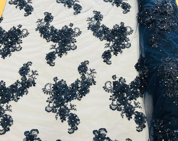 Navy 3D Floral Lace Fabric by the yard, Flower Design Embroider With Rhinestones On a Mesh, Prom-Dresses Beaded Fabric