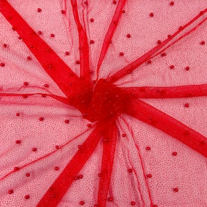 Red Pearl Glitter Mesh Fabric, 2way Stretch Scattered Pearls Studded with glitter Mesh, sold by the yard (Pick a Size)