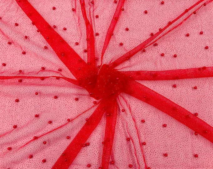 Red Pearl Glitter Mesh Fabric, 2way Stretch Scattered Pearls Studded with glitter Mesh, sold by the yard (Pick a Size)