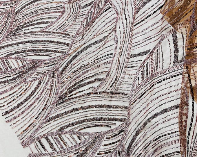 Brown Beaded Lace Fabric: Embroidered Mesh, Bridal Wedding Dress - Fashion Beaded