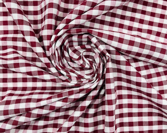 Burgundy & White Gingham Poly Cotton Fabric by Yard 1/4” Squares, Checkered Fabric