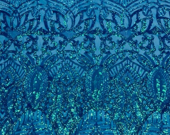 Iridescent Turquoise Sequins on Mesh, Royalty Design, 4way Stretch Fabric