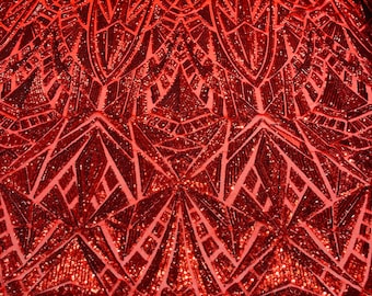 Red Geometric Sequin Fabric: Embroidered Power Mesh, 4-Way Stretch, By The Yard