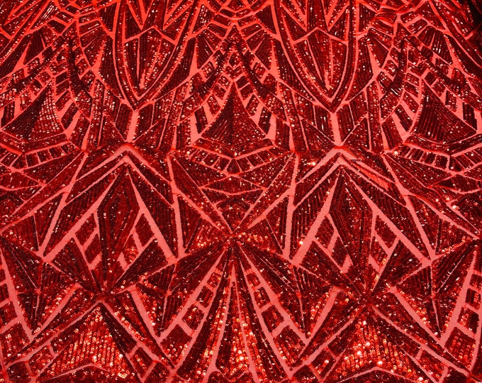 Red Sequins on Power Mesh, Geometric Design Embroidered on a Mesh 4way Stretch Sequin By Yard