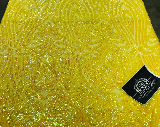 Yellow Iridescent Sequin - 4 Way Stretch Sequin Fabric Damask Aria Design on a Spandex Mesh Prom Gala Gown By The Yard