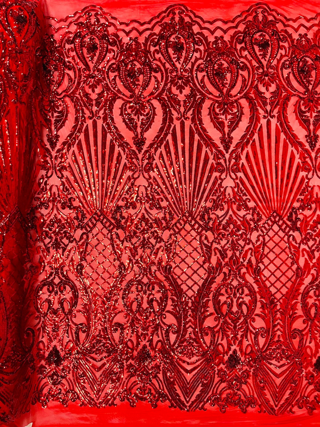 Red Sequin Fabric Selena Damask Design on a 4 Way Stretch Etsy