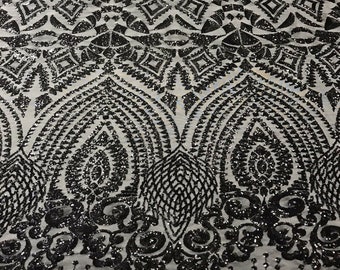 Black On Black Mesh - 4 Way Stretch Geometric Sequins Bella Design on Mesh Fabric for Prom Gala Gown Sold By The Yard