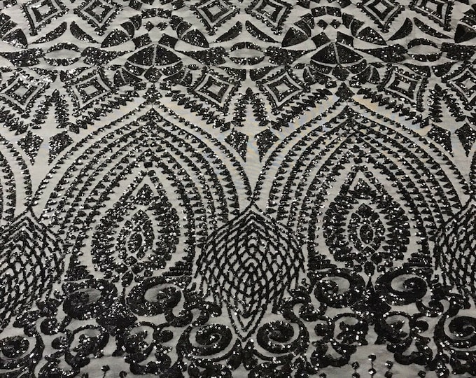 Black On Black Mesh - 4 Way Stretch Geometric Sequins Bella Design on Mesh Fabric for Prom Gala Gown Sold By The Yard