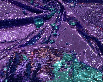 Purple/Turquoise Flip Up Sequins Reversible, 2-Way Stretch 58/60” Sequins Fabric Dresses-Nightgowns-Prom Gown